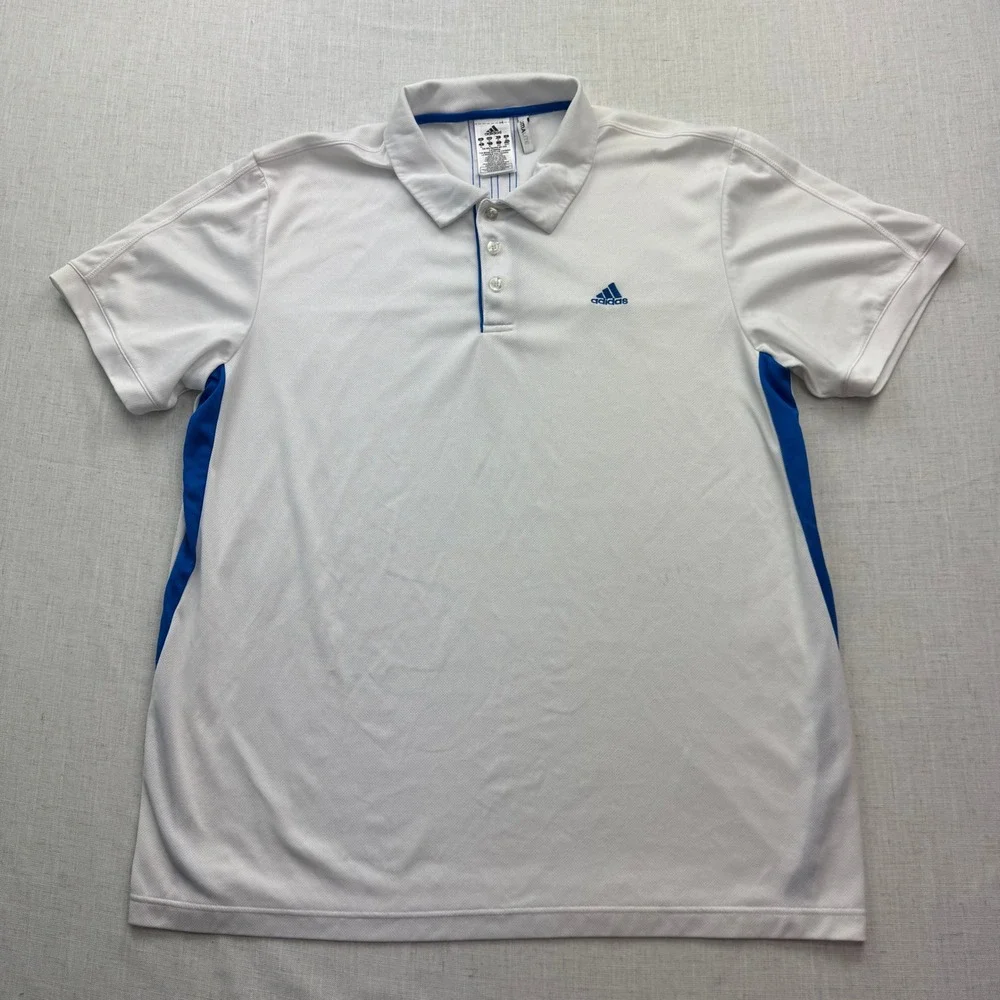 Adidas Climalite Polo Shirt Mens XL White Blue 3-Stripes Golf Sport Fisherman